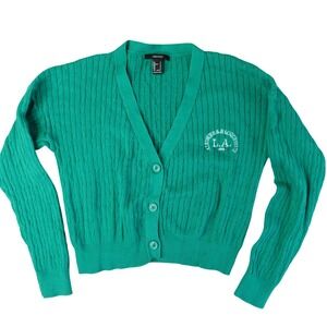 Cable Knit Cropped Cardigan Womens S‎ Green Embroidered Boxy Varsity Tennis Prep